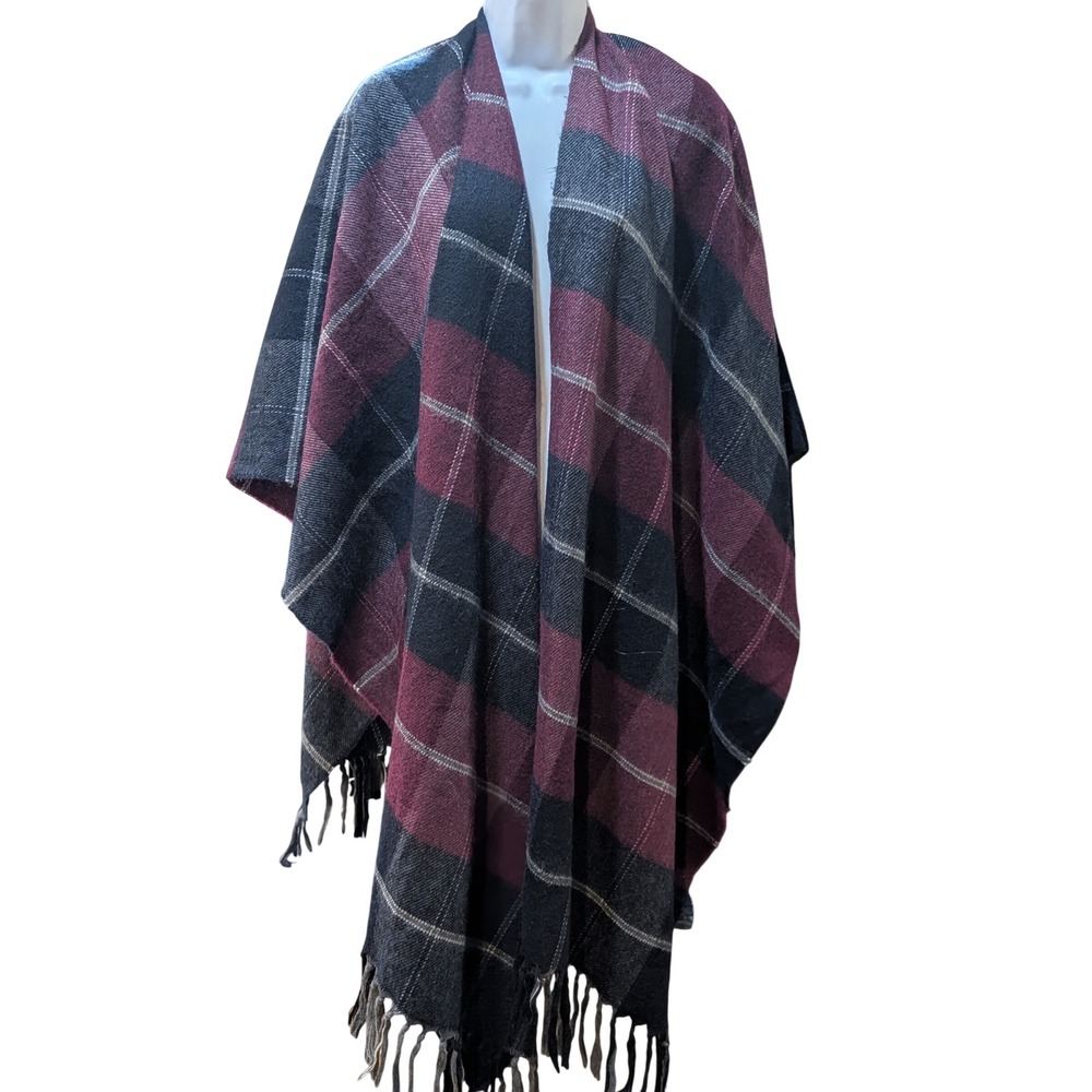 Vintage Specialty House Inc Plaid Wrap Shawl Fringe Cape Burgundy Black Japan